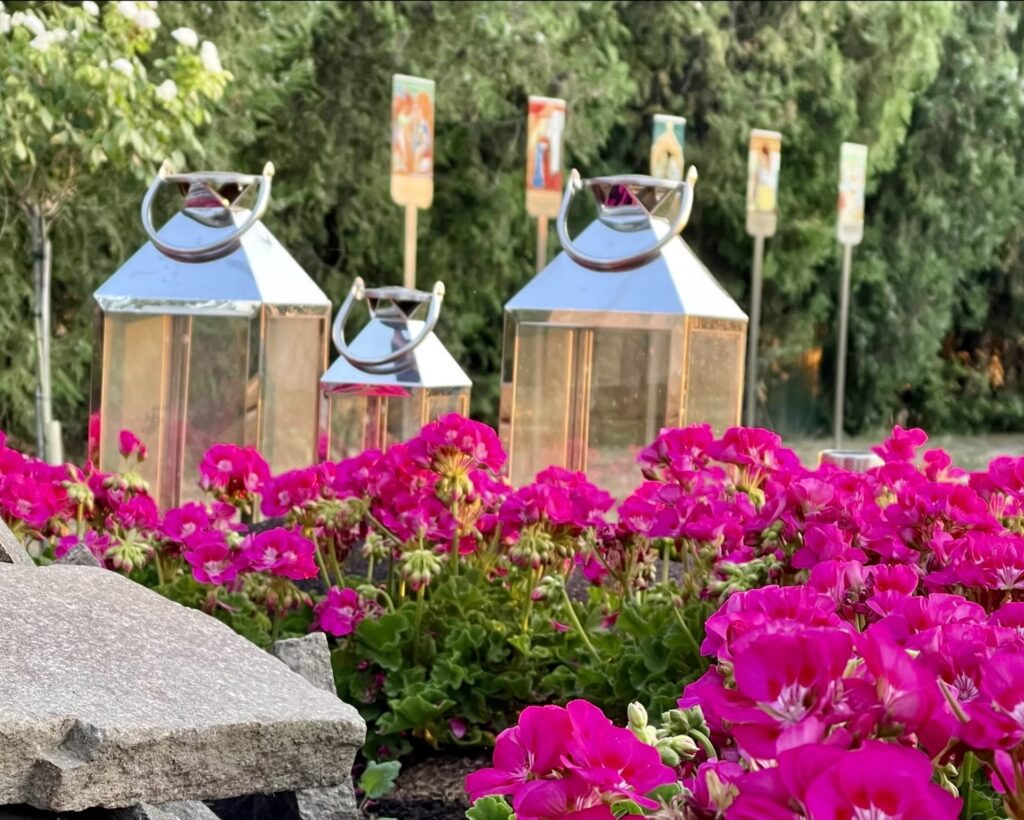 Gebetsgarten mit pinkfarbenen Pelargonien
