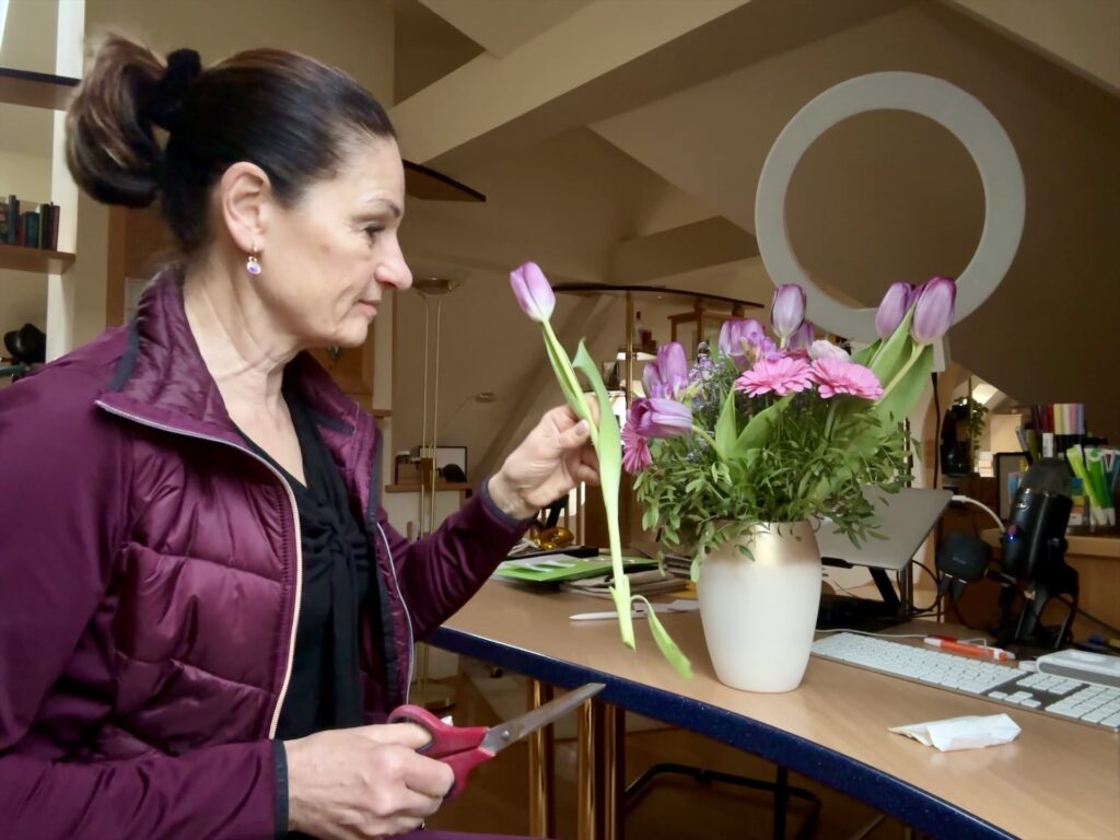 Eine Frau schneidet Tulpen für eine Vase.